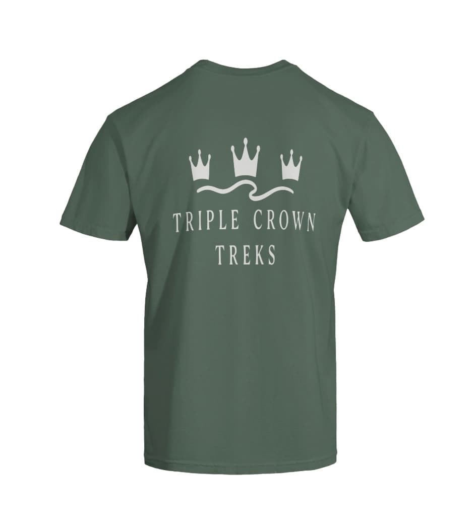 Back view of the sage-green Triple Crown Treks Heritage Tee with the large three-crowns-and-wave logo across the shoulders.