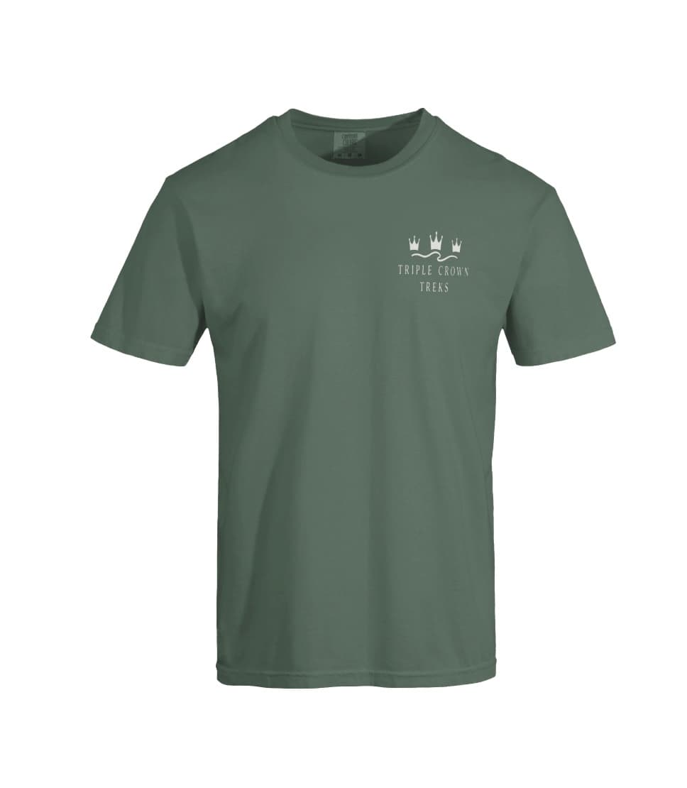 Front view of the sage-green Triple Crown Treks Heritage Tee with the small three-crowns logo on the left chest.